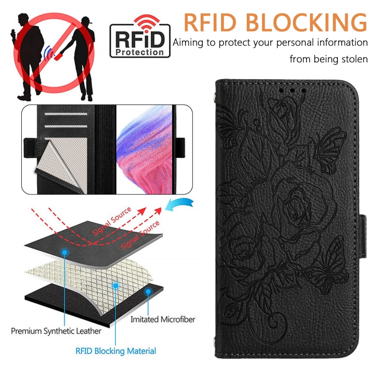 For iPhone 16 Pro Embossed Rose RFID Anti-theft Leather Phone Case(Black) - iPhone 16 Pro Cases by buy2fix | Online Shopping UK | buy2fix