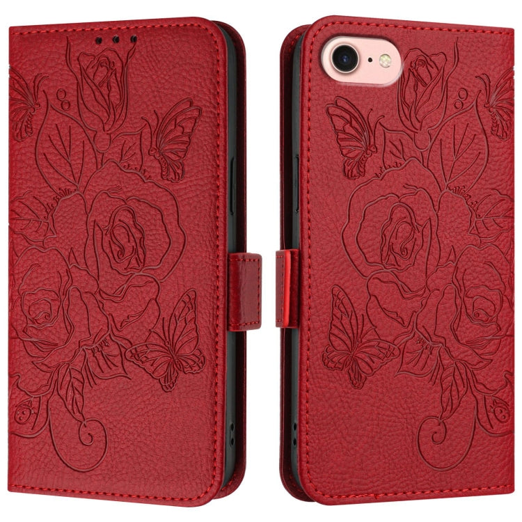 For iPhone SE 2024 Embossed Rose RFID Anti-theft Leather Phone Case(Red) - More iPhone Cases by buy2fix | Online Shopping UK | buy2fix