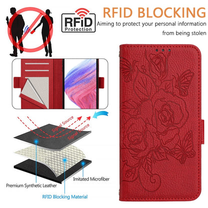 For iPhone SE 2024 Embossed Rose RFID Anti-theft Leather Phone Case(Red) - More iPhone Cases by buy2fix | Online Shopping UK | buy2fix