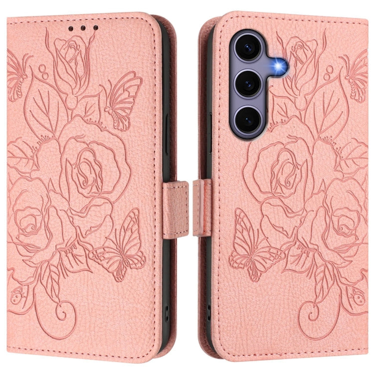 For Samsung Galaxy S25 5G Embossed Rose RFID Anti-theft Leather Phone Case(Pink) - Galaxy S25 5G Cases by buy2fix | Online Shopping UK | buy2fix