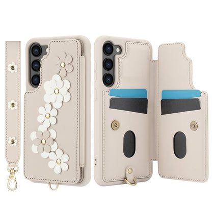 For Samsung Galaxy S25+ 5G Crossbody Flower Pattern Leather Phone Case(White) - Galaxy S23+ 5G Cases by buy2fix | Online Shopping UK | buy2fix