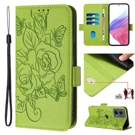 For Motorola Edge 5G 2024 Embossed Rose RFID Anti-theft Leather Phone Case(Green) - Motorola Cases by buy2fix | Online Shopping UK | buy2fix