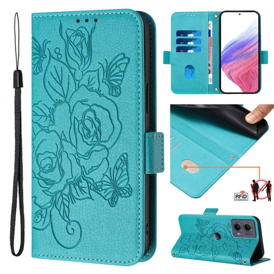 For Motorola Edge 5G 2024 Embossed Rose RFID Anti-theft Leather Phone Case(Light Blue) - Motorola Cases by buy2fix | Online Shopping UK | buy2fix