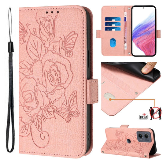 For Motorola Edge 5G 2024 Embossed Rose RFID Anti-theft Leather Phone Case(Pink) - Motorola Cases by buy2fix | Online Shopping UK | buy2fix