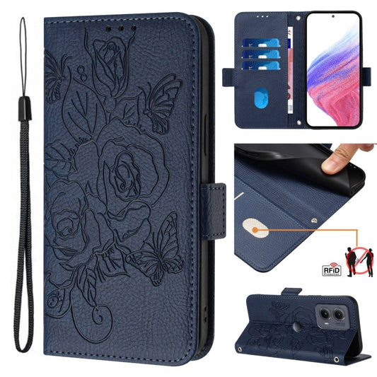 For Motorola Edge 5G 2024 Embossed Rose RFID Anti-theft Leather Phone Case(Dark Blue) - Motorola Cases by buy2fix | Online Shopping UK | buy2fix