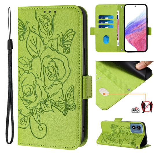 For Motorola Moto G Play 4G 2024 Embossed Rose RFID Anti-theft Leather Phone Case(Green) - Motorola Cases by buy2fix | Online Shopping UK | buy2fix