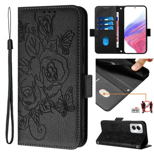 For Motorola Moto G Power 5G 2024 Embossed Rose RFID Anti-theft Leather Phone Case(Black) - Motorola Cases by buy2fix | Online Shopping UK | buy2fix