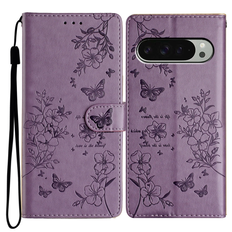 For Google Pixel 9 / 9 Pro Butterflies and Flowers Leather Phone Case(Purple) - Google Cases by buy2fix | Online Shopping UK | buy2fix