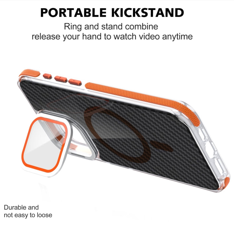 For iPhone 16 Pro Max Magsafe Dual-Color Carbon Fiber Lens Film Phone Case with Lens Fold Holder(Orange) - iPhone 16 Pro Max Cases by buy2fix | Online Shopping UK | buy2fix