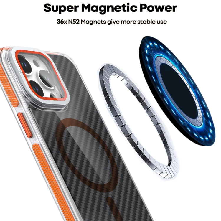 For iPhone 16 Magsafe Dual-Color Carbon Fiber Lens Film Phone Case with Lens Fold Holder(Orange) - iPhone 16 Cases by buy2fix | Online Shopping UK | buy2fix