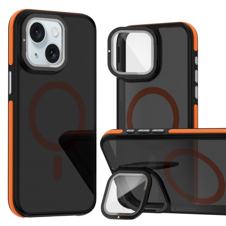 For iPhone 15 Plus Magsafe Dual-Color Skin Feel Lens Film Phone Case with Lens Fold Holder(Orange) - iPhone 15 Plus Cases by buy2fix | Online Shopping UK | buy2fix