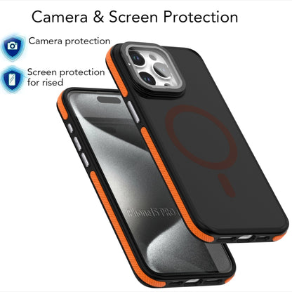 For iPhone 15 Pro Magsafe Dual-Color Skin Feel Lens Film Phone Case with Lens Fold Holder(Gray) - iPhone 15 Pro Cases by buy2fix | Online Shopping UK | buy2fix