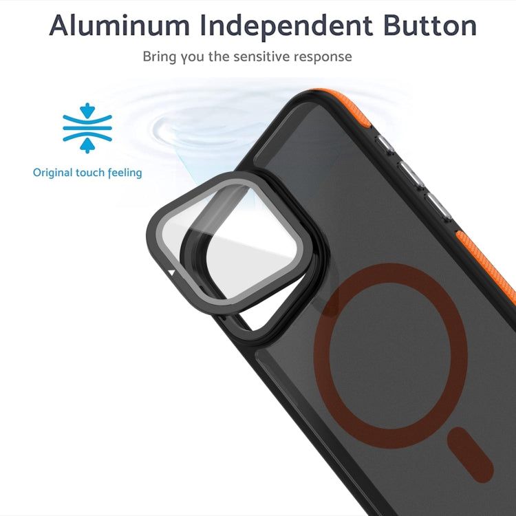 For iPhone 15 Plus Magsafe Dual-Color Skin Feel Lens Film Phone Case with Lens Fold Holder(Orange) - iPhone 15 Plus Cases by buy2fix | Online Shopping UK | buy2fix