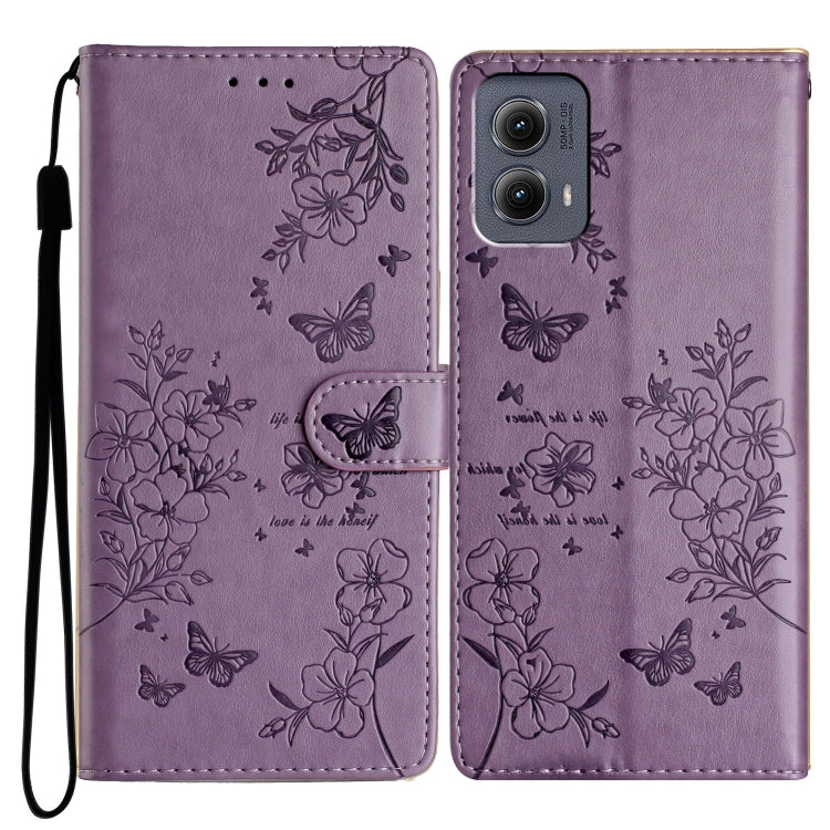 For Motorola Edge 2024 Butterflies and Flowers Leather Phone Case(Purple) - Motorola Cases by buy2fix | Online Shopping UK | buy2fix