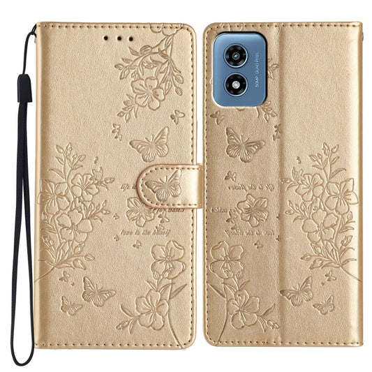 For Motorola Moto G Play 5G 2024 Butterflies and Flowers Leather Phone Case(Gold) - Motorola Cases by buy2fix | Online Shopping UK | buy2fix