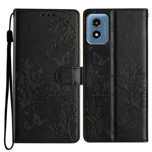 For Motorola Moto G Play 5G 2024 Butterflies and Flowers Leather Phone Case(Black) - Motorola Cases by buy2fix | Online Shopping UK | buy2fix