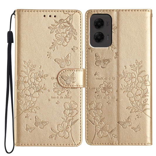 For Motorola Moto G Stylus 5G 2024 Butterflies and Flowers Leather Phone Case(Gold) - Motorola Cases by buy2fix | Online Shopping UK | buy2fix