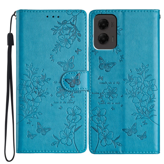 For Motorola Moto G Stylus 5G 2024 Butterflies and Flowers Leather Phone Case(Blue) - Motorola Cases by buy2fix | Online Shopping UK | buy2fix