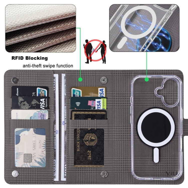 For iPhone 14 ViLi GHA-C Series RFID MagSafe Magnetic Flip Leather Phone Case(Grey) - iPhone 14 Cases by ViLi | Online Shopping UK | buy2fix