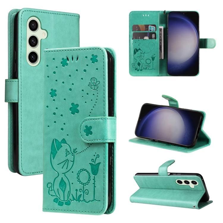 For Samsung Galaxy S25+ / S24+ 5G Cat and Bee Embossed Flip Leather Phone Case(Green) - Galaxy S25+ 5G Cases by buy2fix | Online Shopping UK | buy2fix