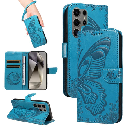 For Samsung Galaxy S25 Ultra 5G Swallowtail Butterfly Embossed Leather Phone Case(Blue) - Galaxy S25 Ultra 5G Cases by buy2fix | Online Shopping UK | buy2fix