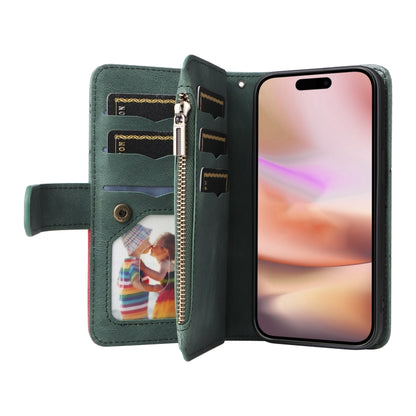 For iPhone 16 Plus Dual-color 9 Card Slots Zipper Wallet Leather Phone Case(Green) - iPhone 16 Plus Cases by buy2fix | Online Shopping UK | buy2fix