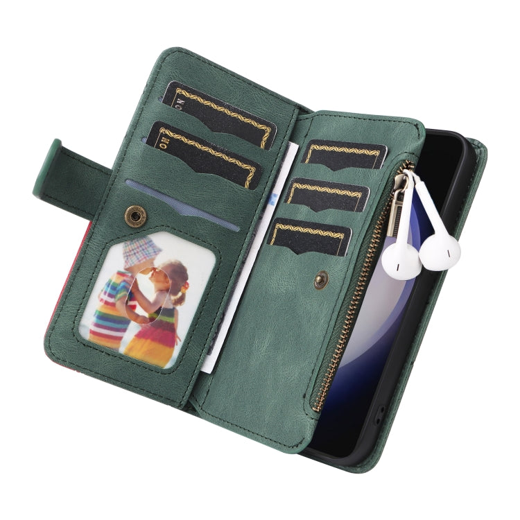 For Samsung Galaxy S25+ / S24+ 5G Dual-color 9 Card Slots Zipper Wallet Leather Phone Case(Green) - Galaxy S25+ 5G Cases by buy2fix | Online Shopping UK | buy2fix