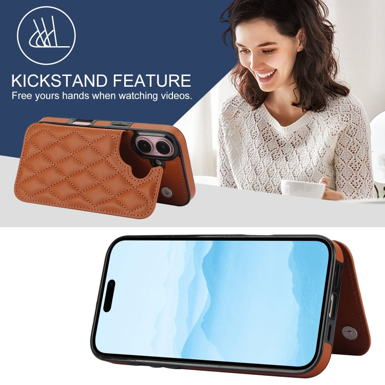 For iPhone 16 Double Buckle Rhombic PU Leather Phone Case(Brown) - iPhone 16 Cases by buy2fix | Online Shopping UK | buy2fix