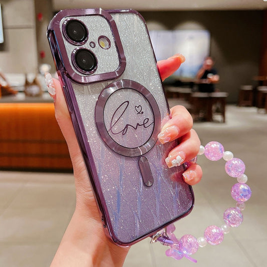 For iPhone 16 Dual-Love Leaves Gradient Glitter Bracelets Magsafe TPU Phone Case(Purple) - iPhone 16 Cases by buy2fix | Online Shopping UK | buy2fix