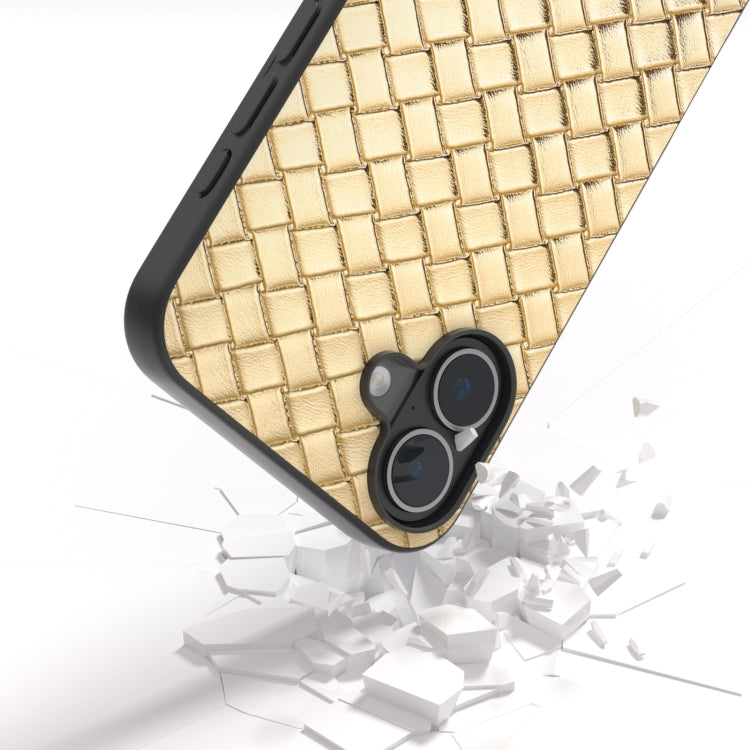 For iPhone 16 Black Frame Woven Texture PU Phone Case(Gold) - iPhone 16 Cases by buy2fix | Online Shopping UK | buy2fix