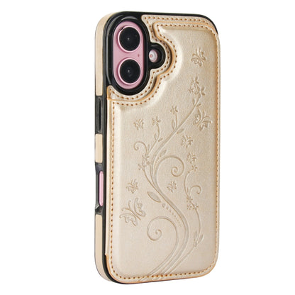 For iPhone 16 Plus Double Buckle Butterfly Embossing PU Phone Case(Gold) - iPhone 16 Plus Cases by buy2fix | Online Shopping UK | buy2fix