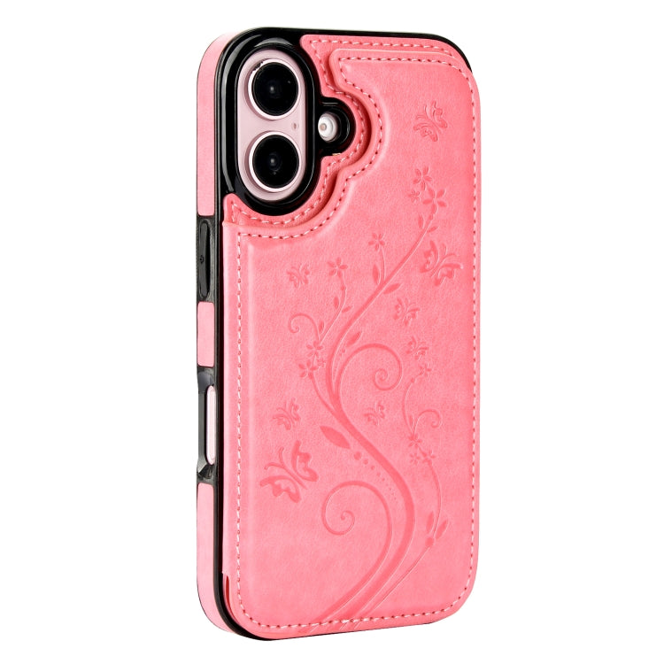 For iPhone 16 Double Buckle Butterfly Embossing PU Phone Case(Pink) - iPhone 16 Cases by buy2fix | Online Shopping UK | buy2fix