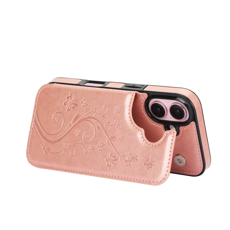 For iPhone 16 Double Buckle Butterfly Embossing PU Phone Case(Rose Gold) - iPhone 16 Cases by buy2fix | Online Shopping UK | buy2fix