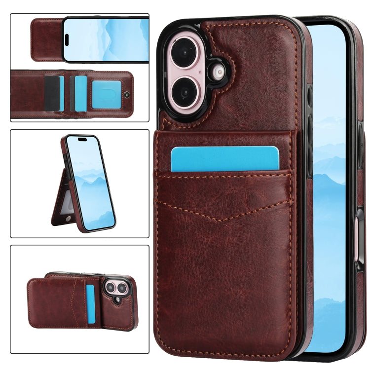 For iPhone 16 Plus Solid Color Card Slots Bracket PU Phone Case(Brown) - iPhone 16 Plus Cases by buy2fix | Online Shopping UK | buy2fix