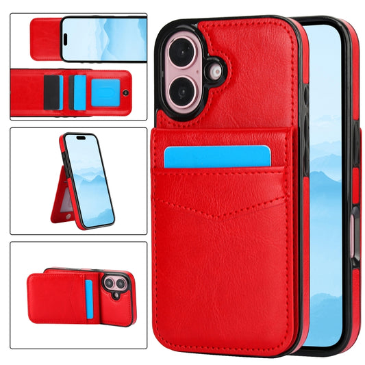 For iPhone 16 Solid Color Card Slots Bracket PU Phone Case(Red) - iPhone 16 Cases by buy2fix | Online Shopping UK | buy2fix