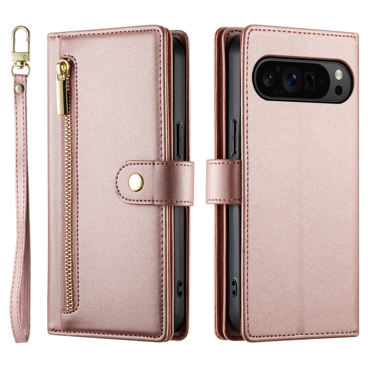 For Google Pixel 9 Pro XL Nine Card-slot Zipper Wallet Bag Leather Phone Case(Pink) - Google Cases by buy2fix | Online Shopping UK | buy2fix