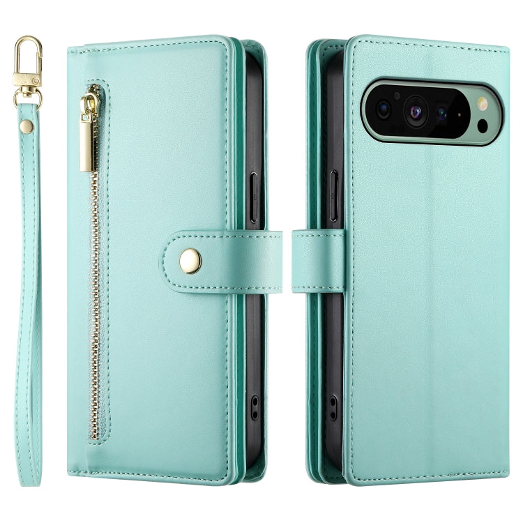 For Google Pixel 9 / 9 Pro Nine Card-slot Zipper Wallet Bag Leather Phone Case(Mint Green) - Google Cases by buy2fix | Online Shopping UK | buy2fix