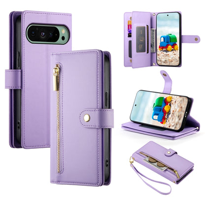 For Google Pixel 9 / 9 Pro Nine Card-slot Zipper Wallet Bag Leather Phone Case(Purple) - Google Cases by buy2fix | Online Shopping UK | buy2fix