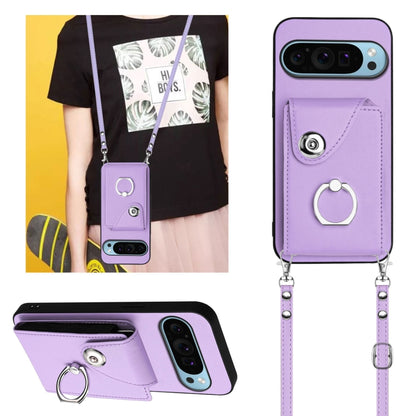 For Google Pixel 9 / 9 Pro Organ Card Bag Ring Holder Phone Case with Long Lanyard(Purple) - Google Cases by buy2fix | Online Shopping UK | buy2fix