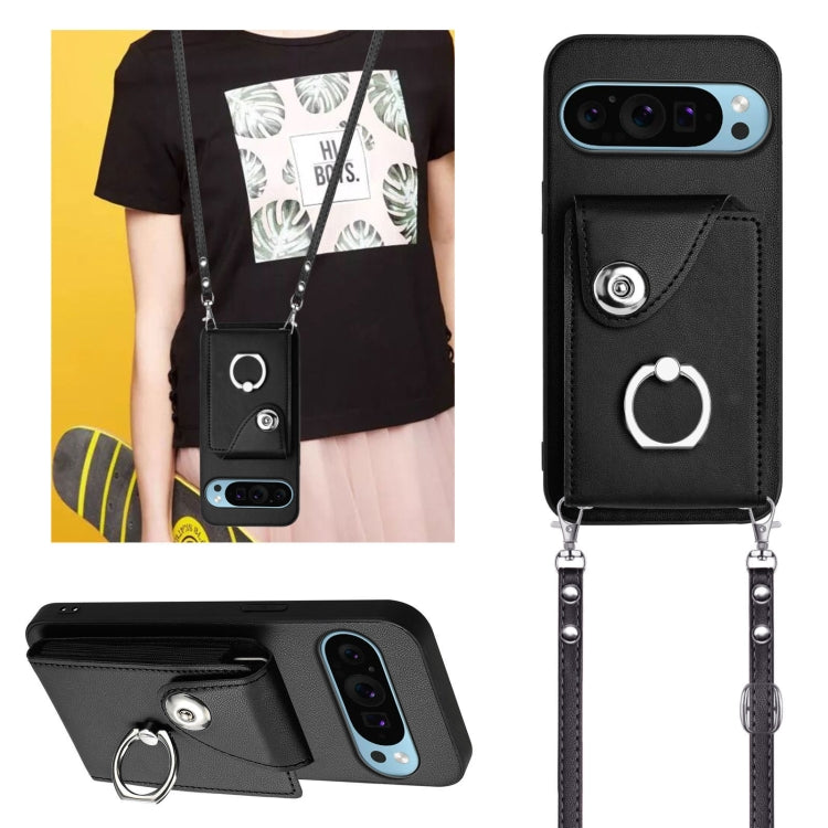 For Google Pixel 9 / 9 Pro Organ Card Bag Ring Holder Phone Case with Long Lanyard(Black) - Google Cases by buy2fix | Online Shopping UK | buy2fix