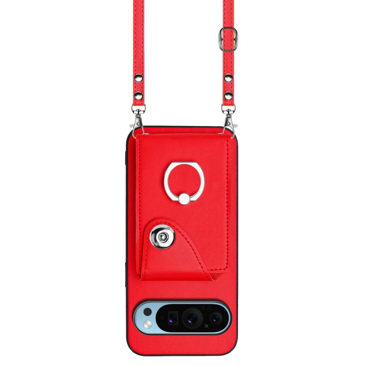 For Google Pixel 9 / 9 Pro Organ Card Bag Ring Holder Phone Case with Long Lanyard(Red) - Google Cases by buy2fix | Online Shopping UK | buy2fix