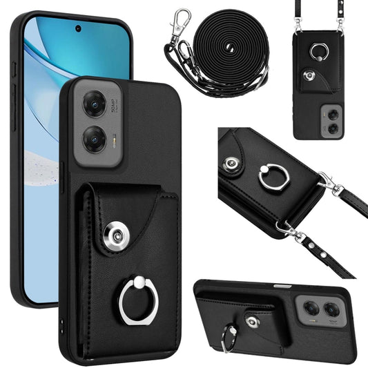 For Motorola Moto G Stylus 5G 2024 Organ Card Bag Ring Holder Phone Case with Long Lanyard(Black) - Motorola Cases by buy2fix | Online Shopping UK | buy2fix