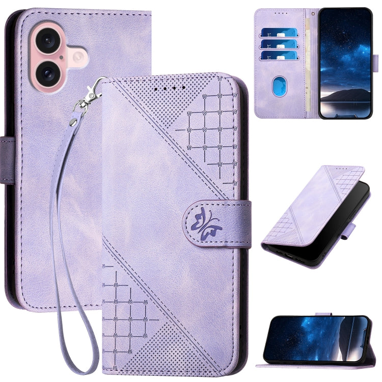 For iPhone 16 YX0080 Grid Butterfly Embossed Pattern Flip Leather Phone Case with Lanyard(Light Purple) - iPhone 16 Cases by buy2fix | Online Shopping UK | buy2fix