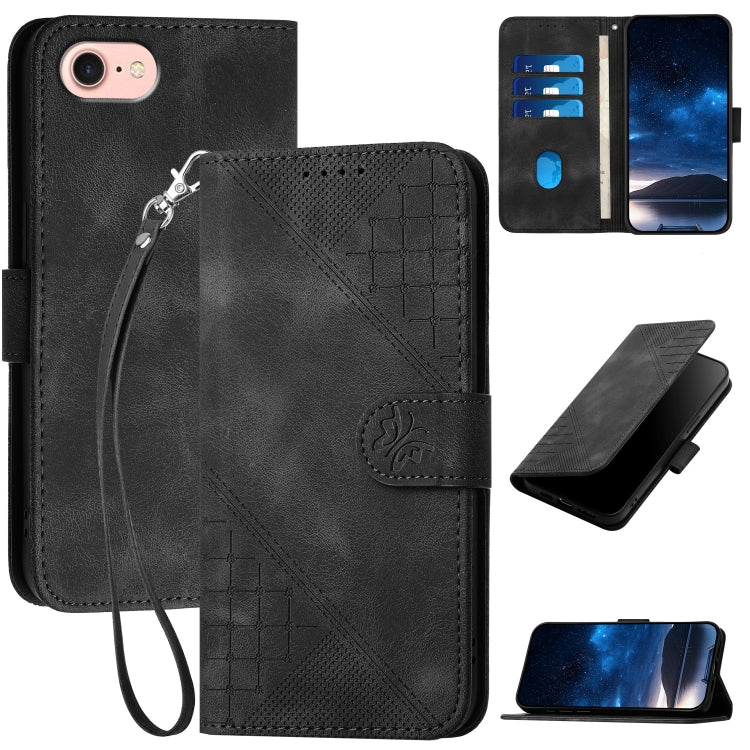 For iPhone SE 2024 YX0080 Grid Butterfly Embossed Pattern Flip Leather Phone Case with Lanyard(Black) - More iPhone Cases by buy2fix | Online Shopping UK | buy2fix