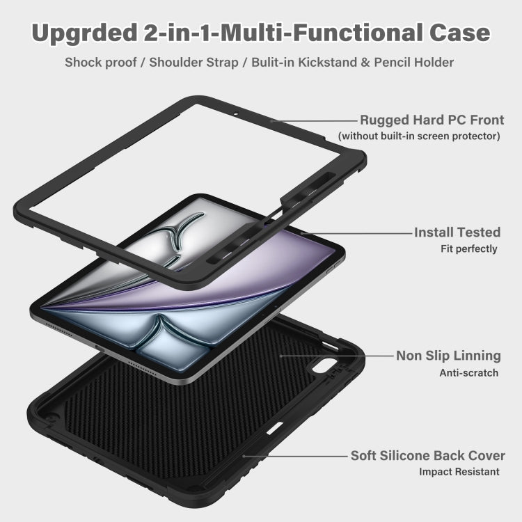 For iPad Air 11 2024 Kickstand PC Hybrid Silicone Tablet Case with Strap(Black) - iPad Air 11 2024 Cases by buy2fix | Online Shopping UK | buy2fix