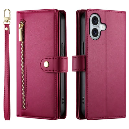 For iPhone 16 Nine Card-slot Zipper Wallet Bag Leather Phone Case(Red) - iPhone 16 Cases by buy2fix | Online Shopping UK | buy2fix