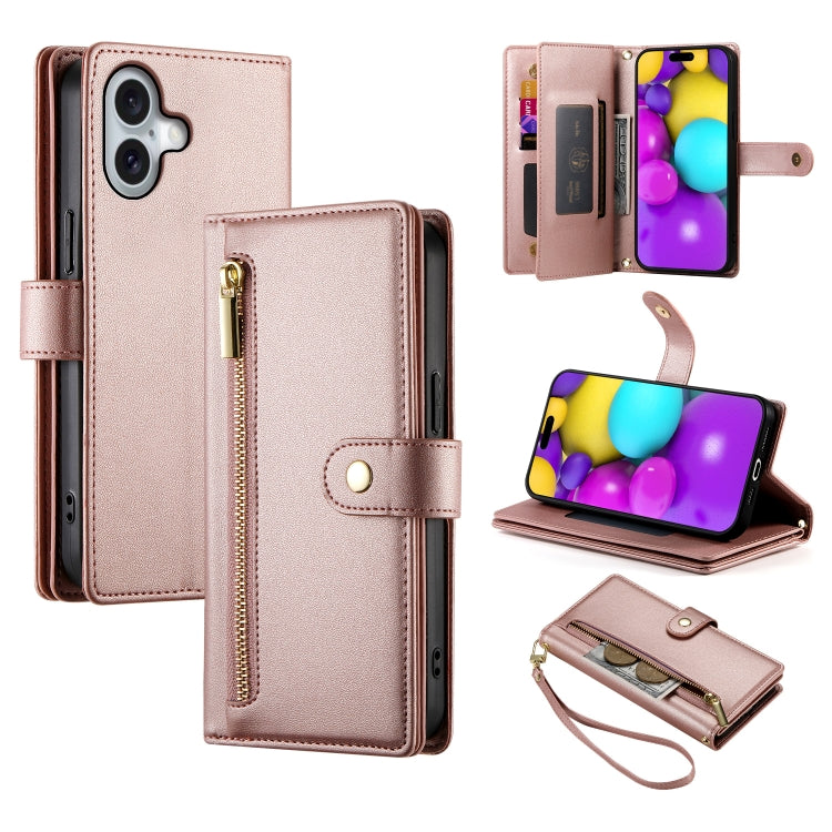 For iPhone 16 Nine Card-slot Zipper Wallet Bag Leather Phone Case(Pink) - iPhone 16 Cases by buy2fix | Online Shopping UK | buy2fix