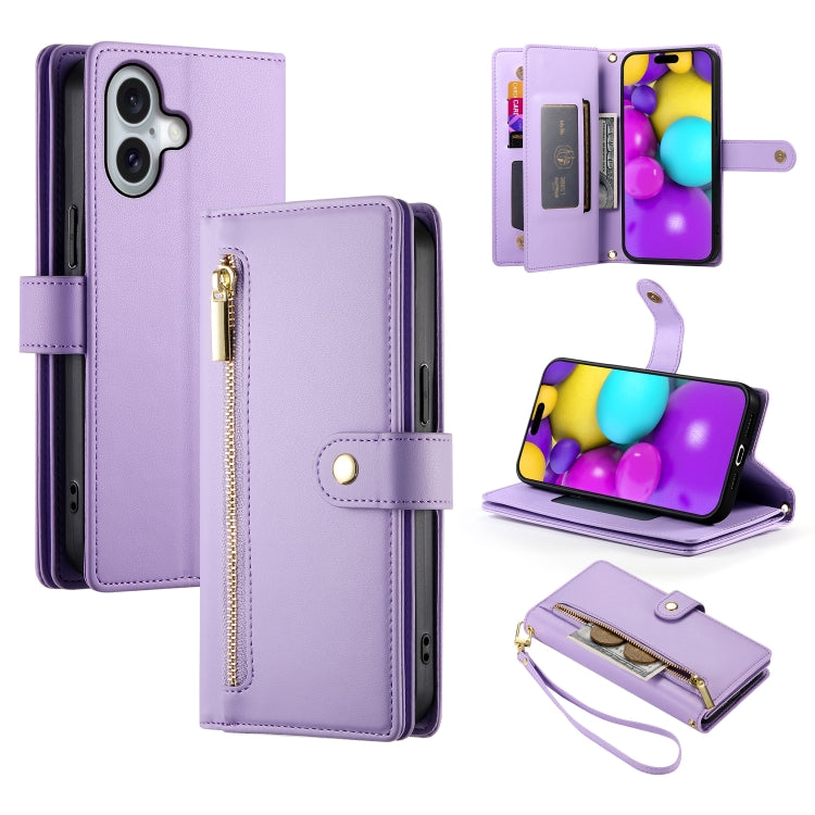 For iPhone 16 Nine Card-slot Zipper Wallet Bag Leather Phone Case(Purple) - iPhone 16 Cases by buy2fix | Online Shopping UK | buy2fix