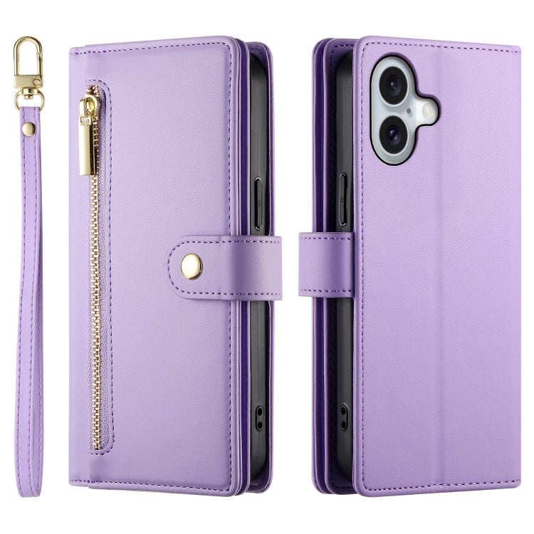 For iPhone 16 Nine Card-slot Zipper Wallet Bag Leather Phone Case(Purple) - iPhone 16 Cases by buy2fix | Online Shopping UK | buy2fix