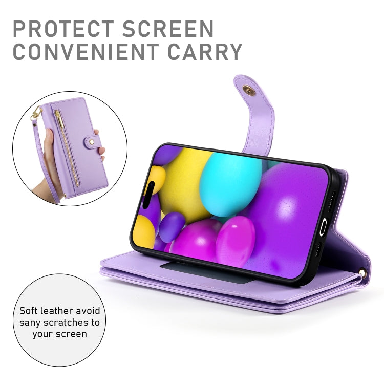 For iPhone 16 Nine Card-slot Zipper Wallet Bag Leather Phone Case(Purple) - iPhone 16 Cases by buy2fix | Online Shopping UK | buy2fix